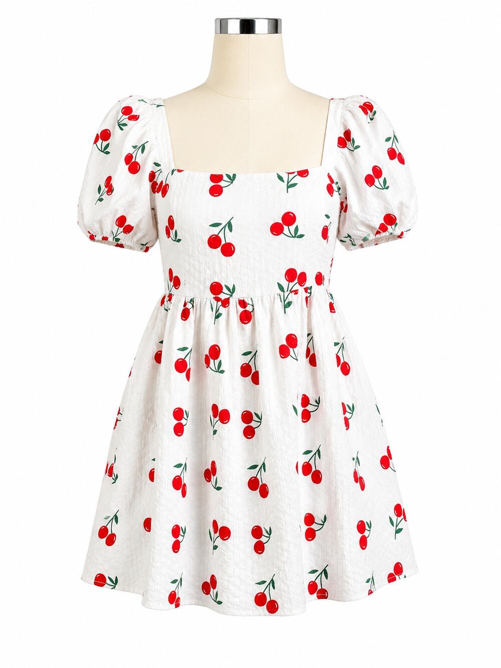 Pink Lily White Cherry Print Puff Sleeve Babydoll Mini Dress - Size XS
